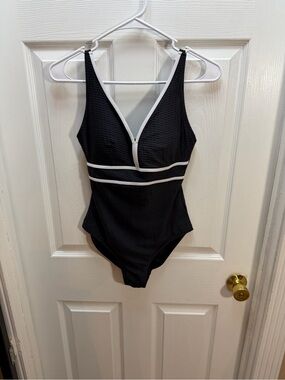 Black One-Piece Swimsuit with White Trim - Women's